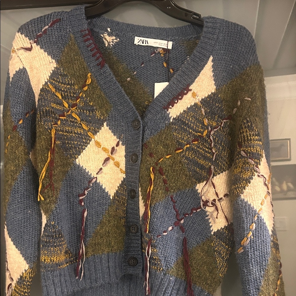 Zara Blue and Olive Argyle Women's Cardigan